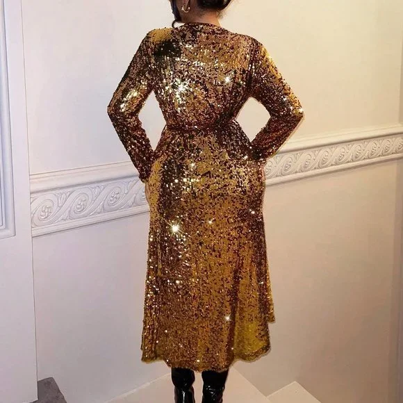 Golden Preppy Womens Plunging Neck Wrap Hem Sequin Coat - Picture 4 of 5